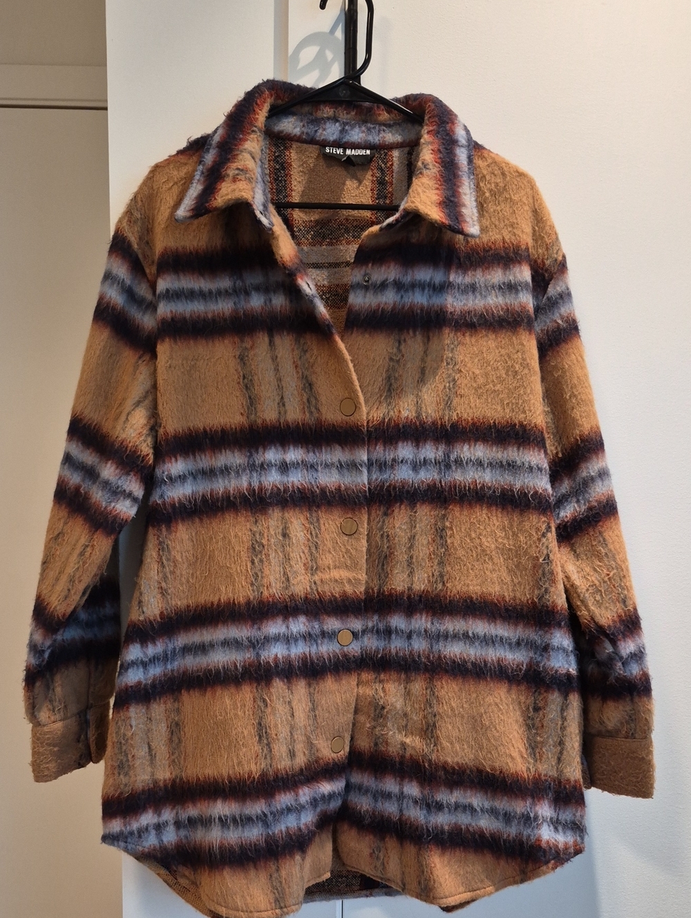 Steve Madden Brown Striped Teddy Shacket with Blue Accents